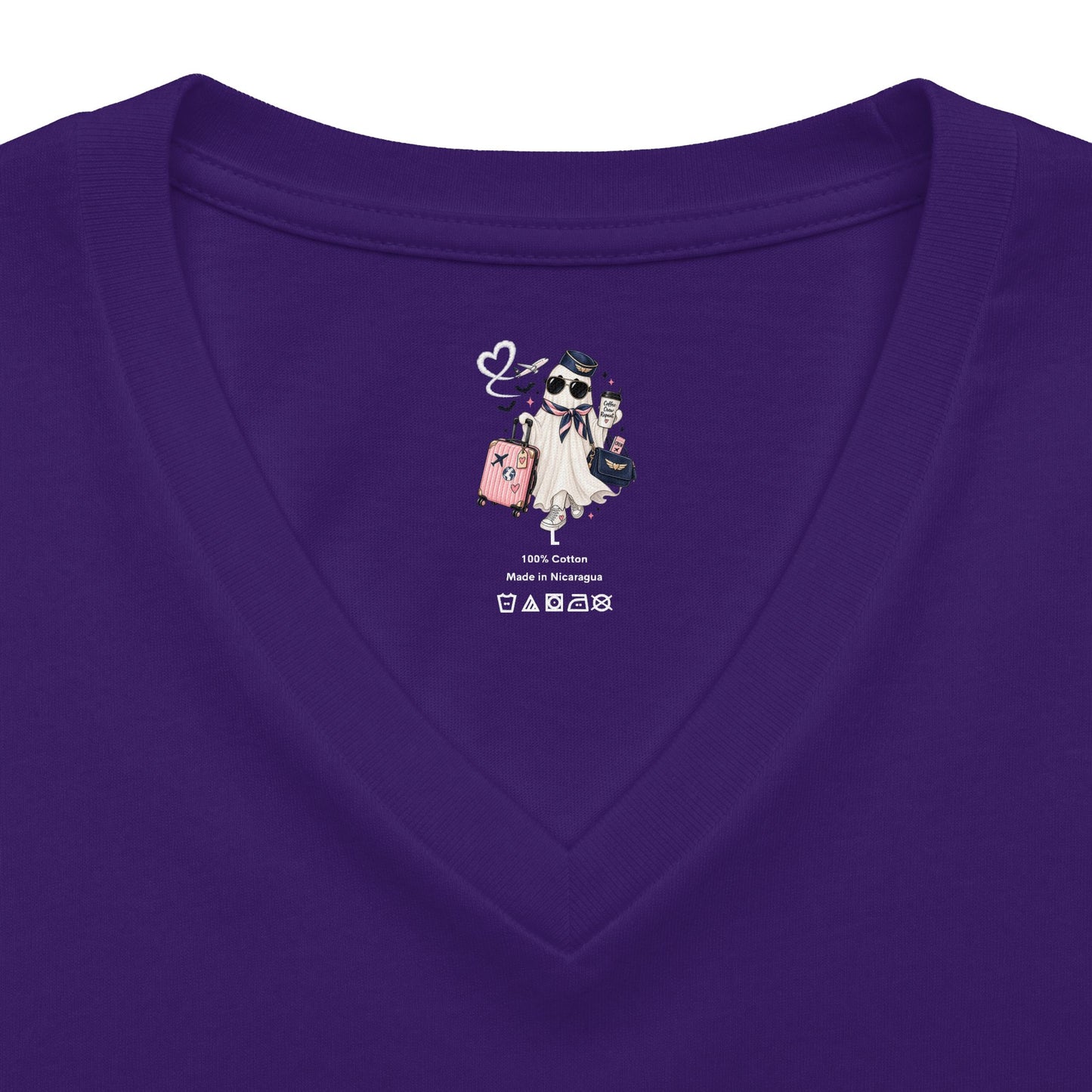 Travel Ghost V-Neck Tee — Cute Flight Attendant Ghost with Luggage Graphic