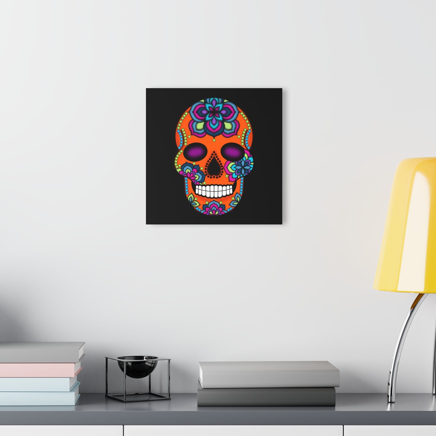 Sugar Skull Acrylic Print Orange— Colorful Day of the Dead Wall Art (French Cleat Hanging)