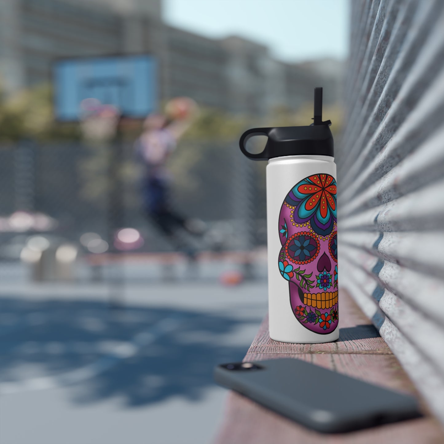 Floral Skull Stainless Steel Water Bottle, Standard Lid