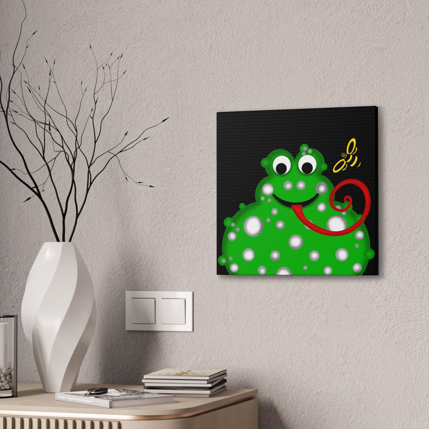 Green Lumpy Frog with a yellow Bee
