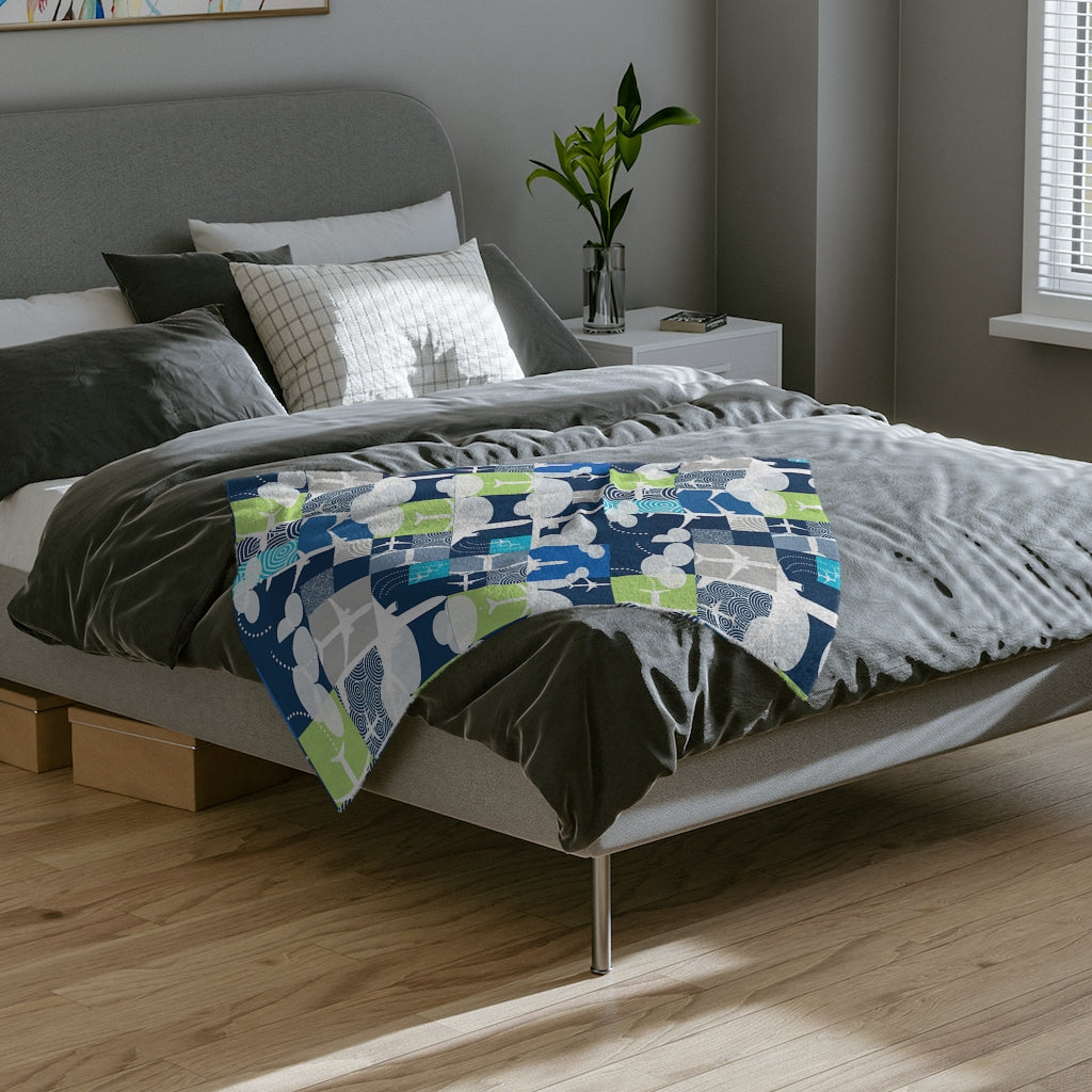 Color blocked Airplane Velveteen Minky Blanket