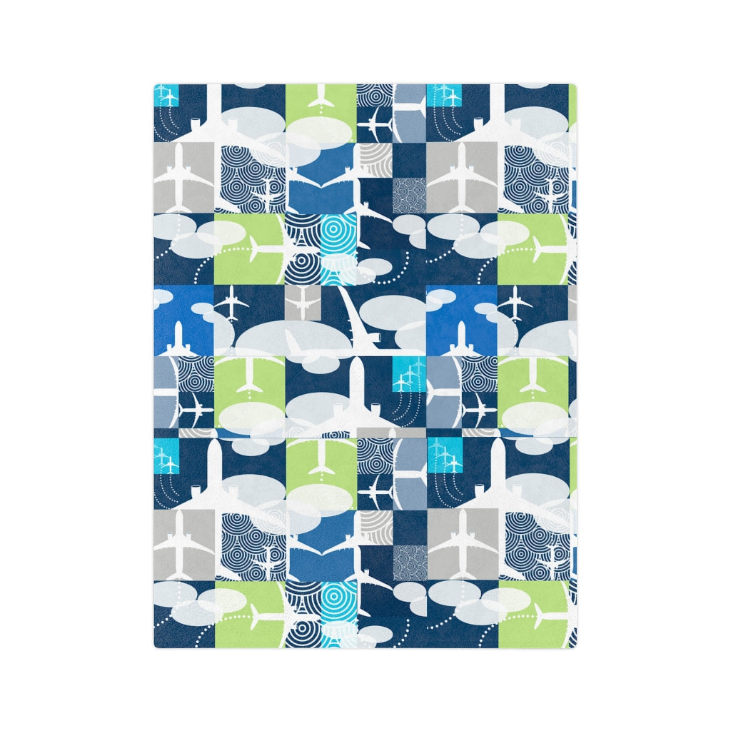 Color blocked Airplane Velveteen Minky Blanket