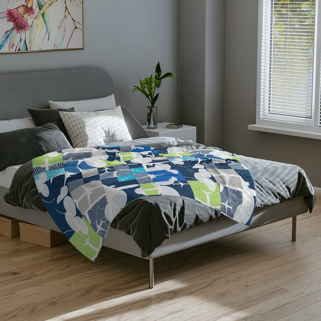 Color blocked Airplane Velveteen Minky Blanket