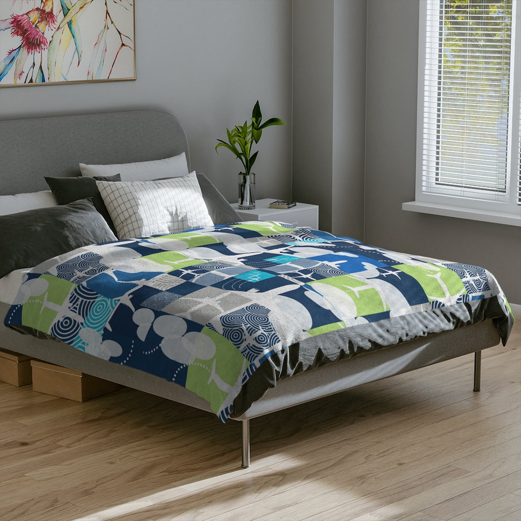 Color blocked Airplane Velveteen Minky Blanket