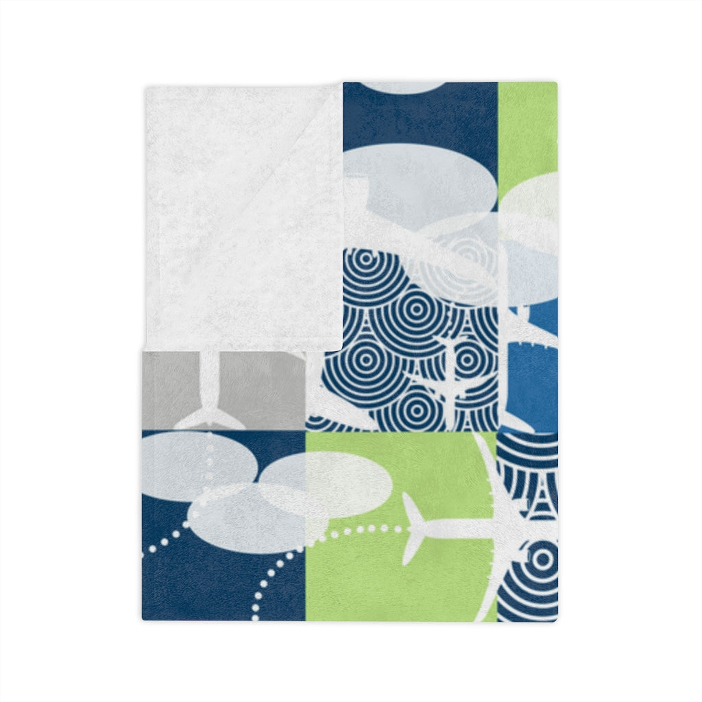 Color blocked Airplane Velveteen Minky Blanket