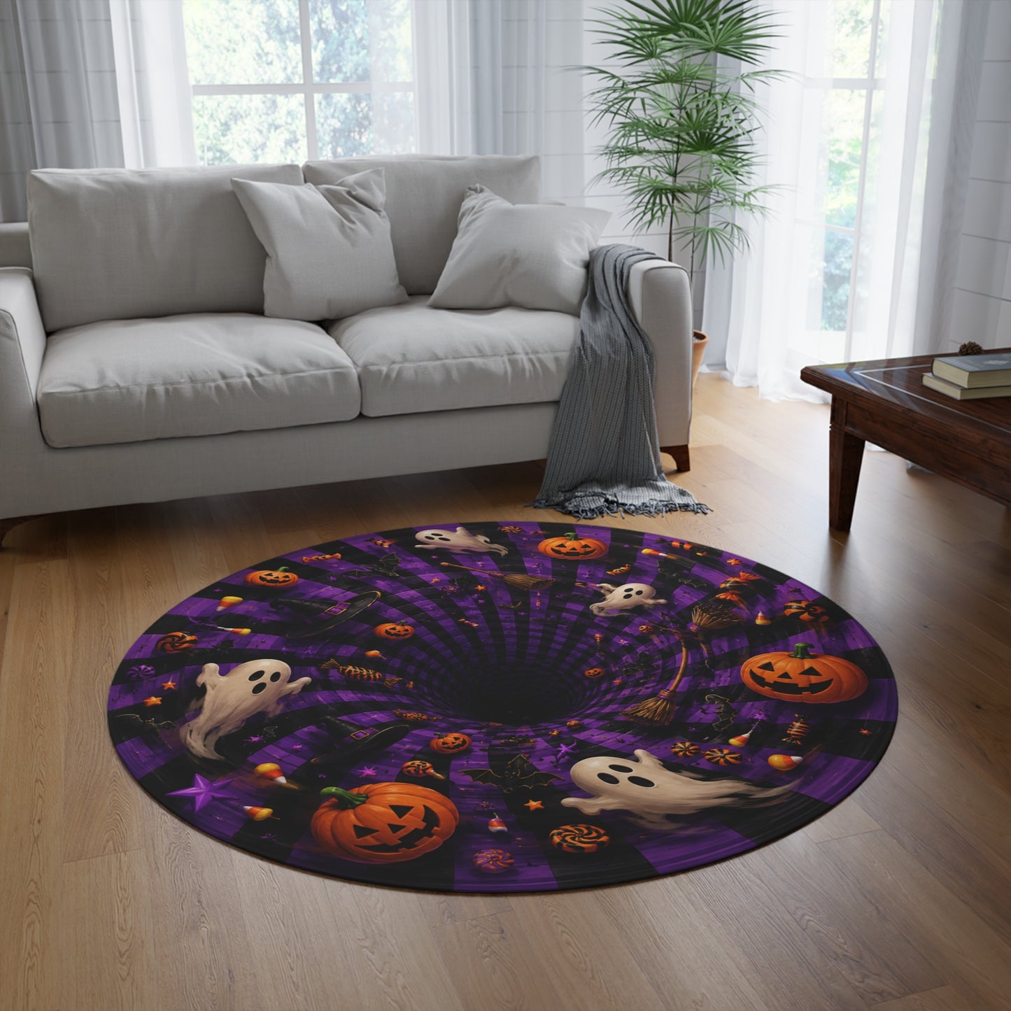 Halloween Spiral Round Rug — Ghosts, Pumpkins & Bats Decorative Floor Mat