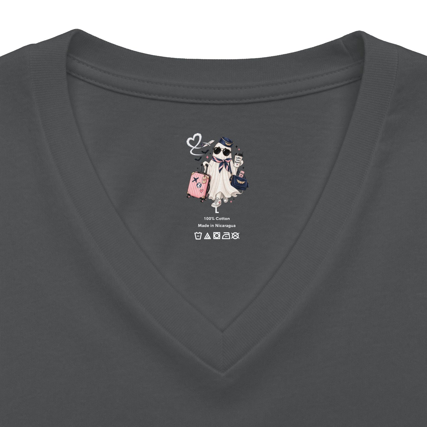 Travel Ghost V-Neck Tee — Cute Flight Attendant Ghost with Luggage Graphic