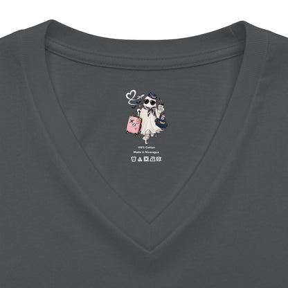 Travel Ghost V-Neck Tee — Cute Flight Attendant Ghost with Luggage Graphic