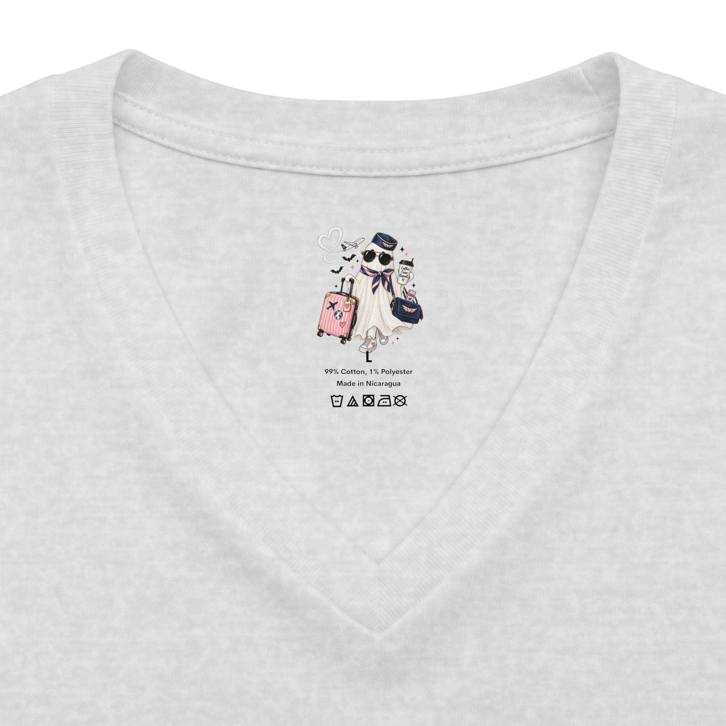 Travel Ghost V-Neck Tee — Cute Flight Attendant Ghost with Luggage Graphic