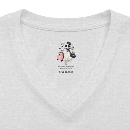 Travel Ghost V-Neck Tee — Cute Flight Attendant Ghost with Luggage Graphic