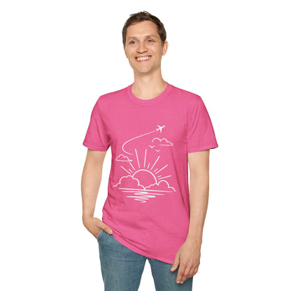 Sunrise Flight T-Shirt | Airplane, Clouds, Sunburst Line Art