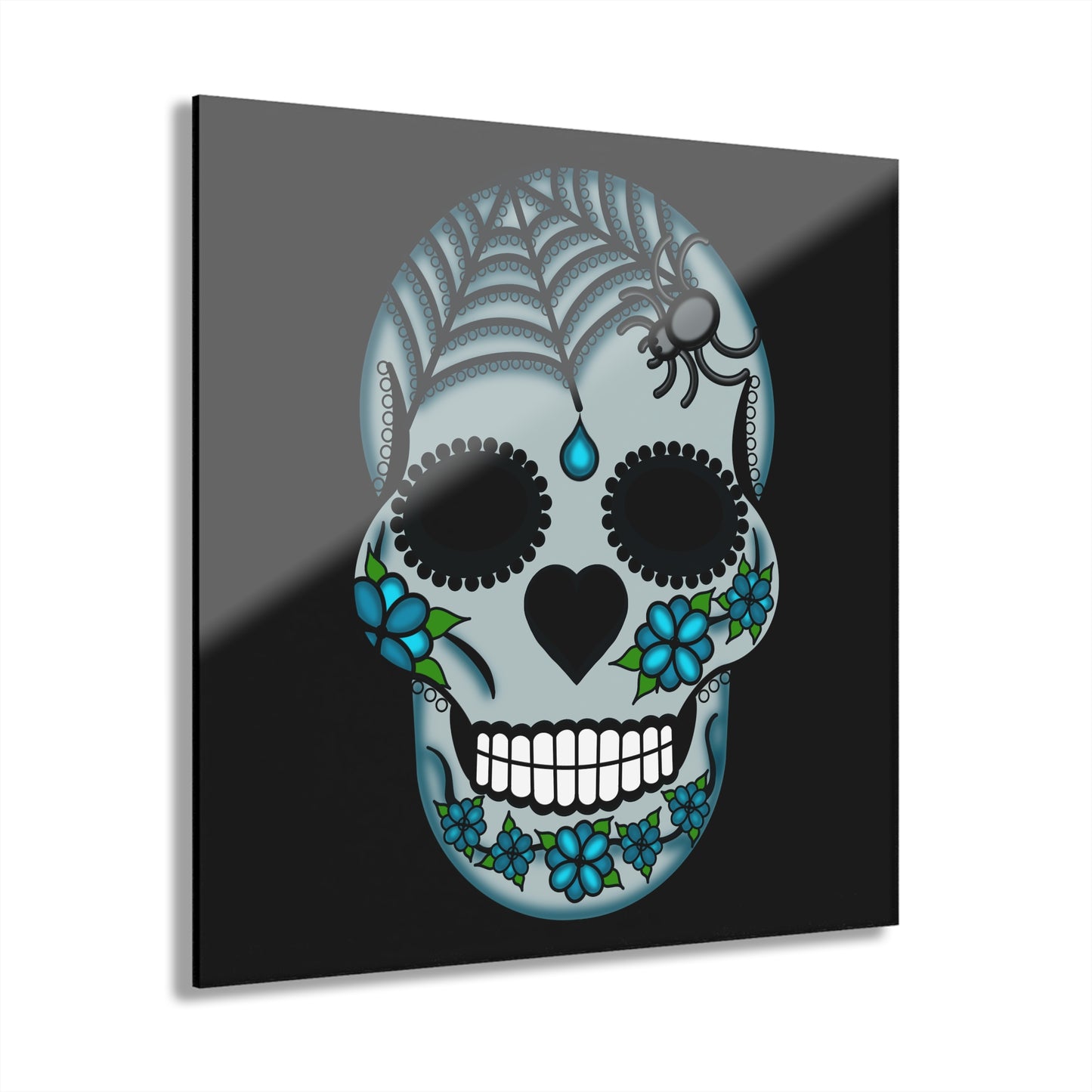 Sugar Skull Acrylic Print Grey— Blue Floral Day of the Dead Wall Art