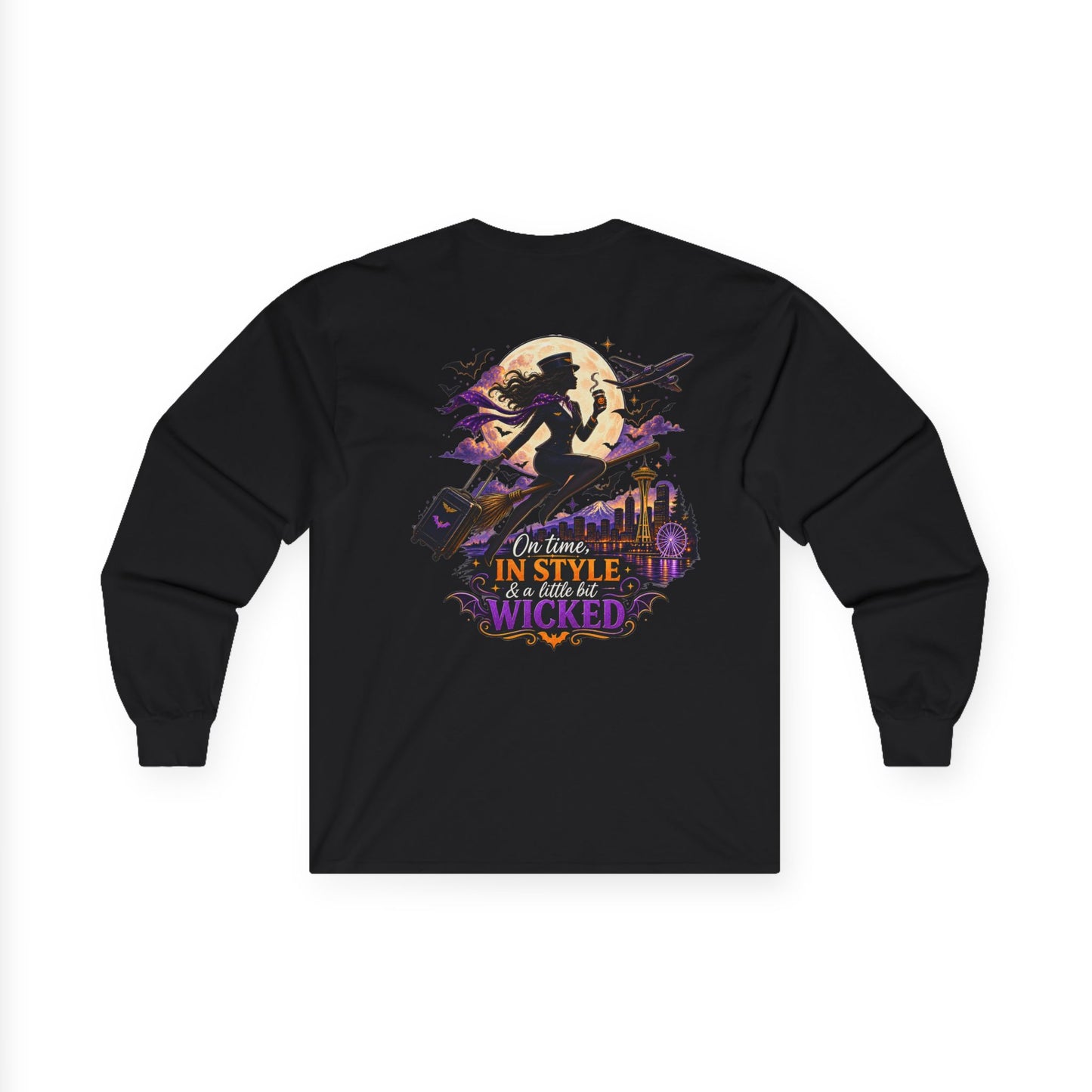 Long Sleeve Tee — 'In Time, In Style, Wicked' Halloween Witch Moon Graphic