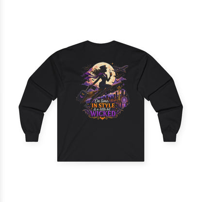 Long Sleeve Tee — 'In Time, In Style, Wicked' Halloween Witch Moon Graphic