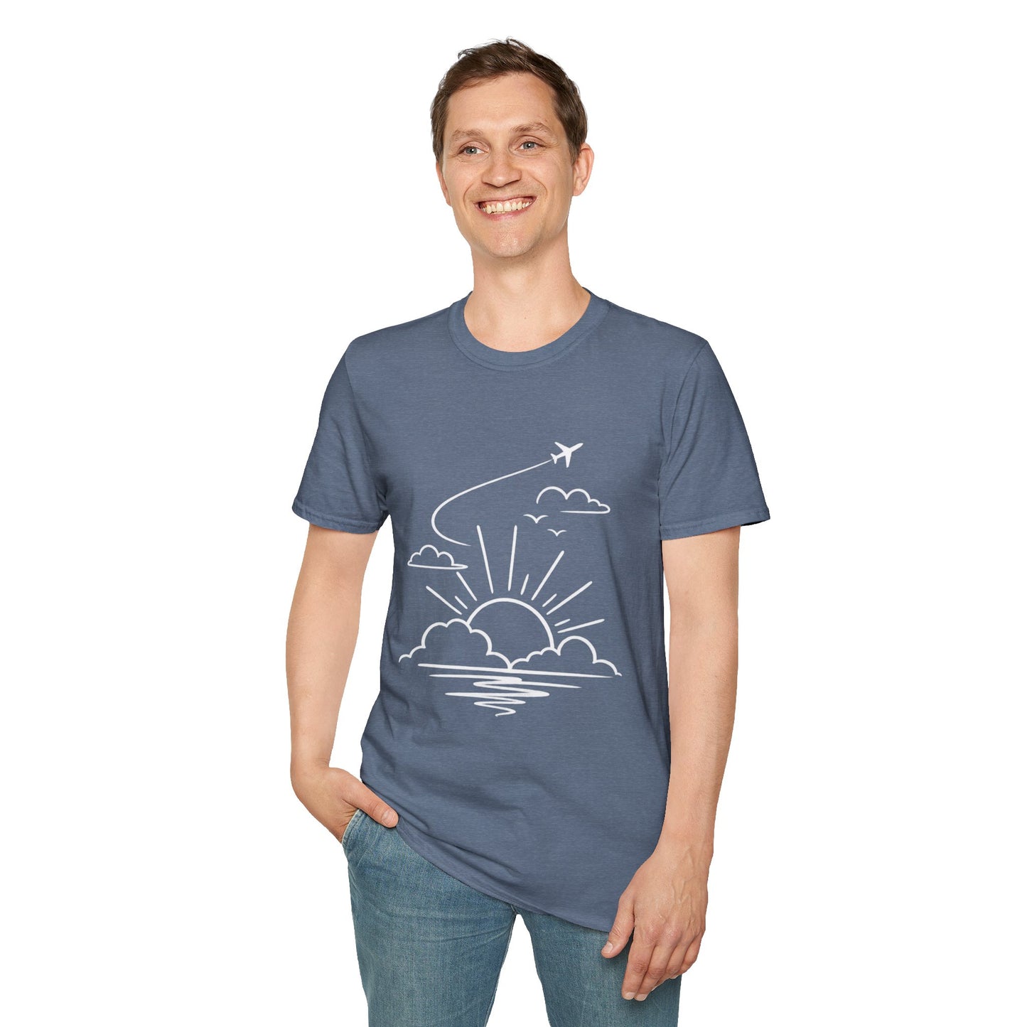 Sunrise Flight T-Shirt | Airplane, Clouds, Sunburst Line Art