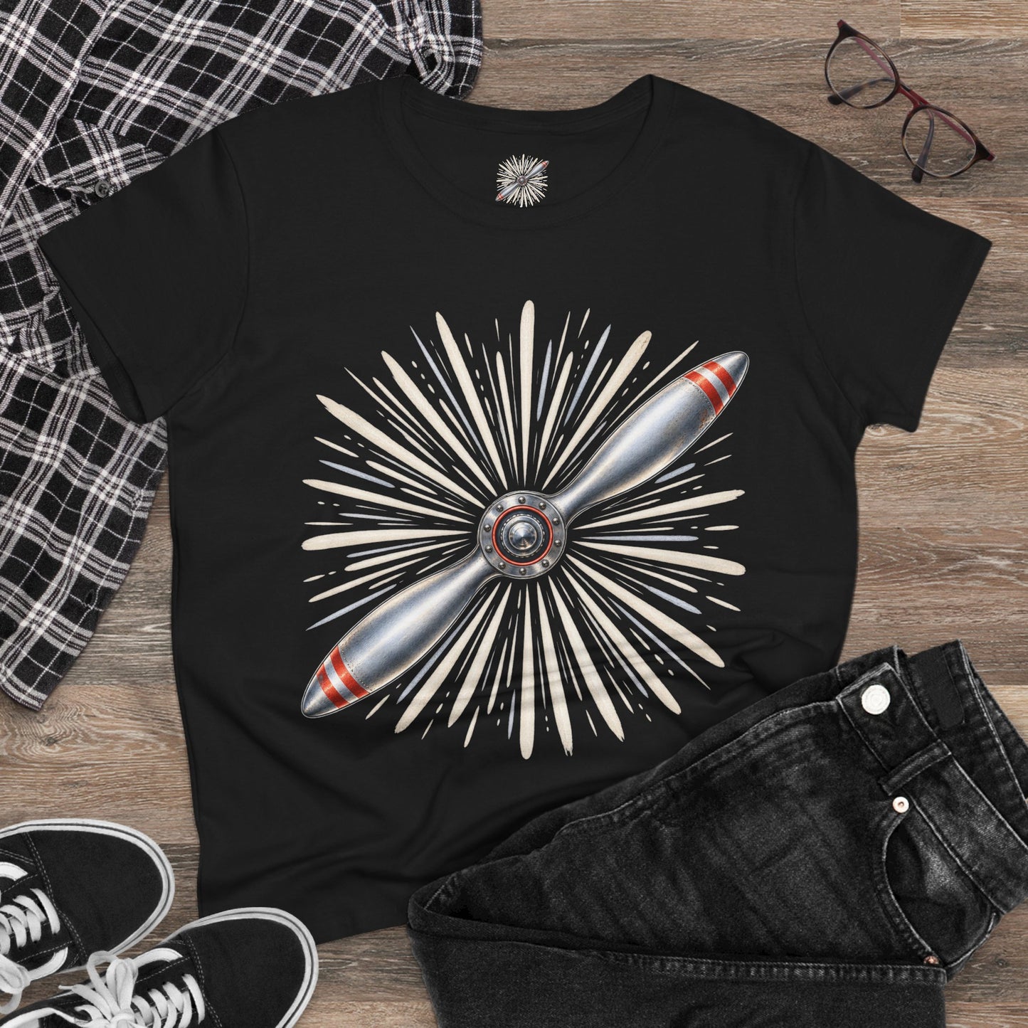 Propeller Burst Women's Tee — Vintage Airplane Graphic Cotton Shirt