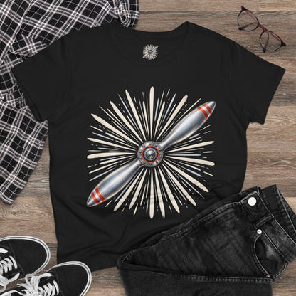 Propeller Burst Women's Tee — Vintage Airplane Graphic Cotton Shirt