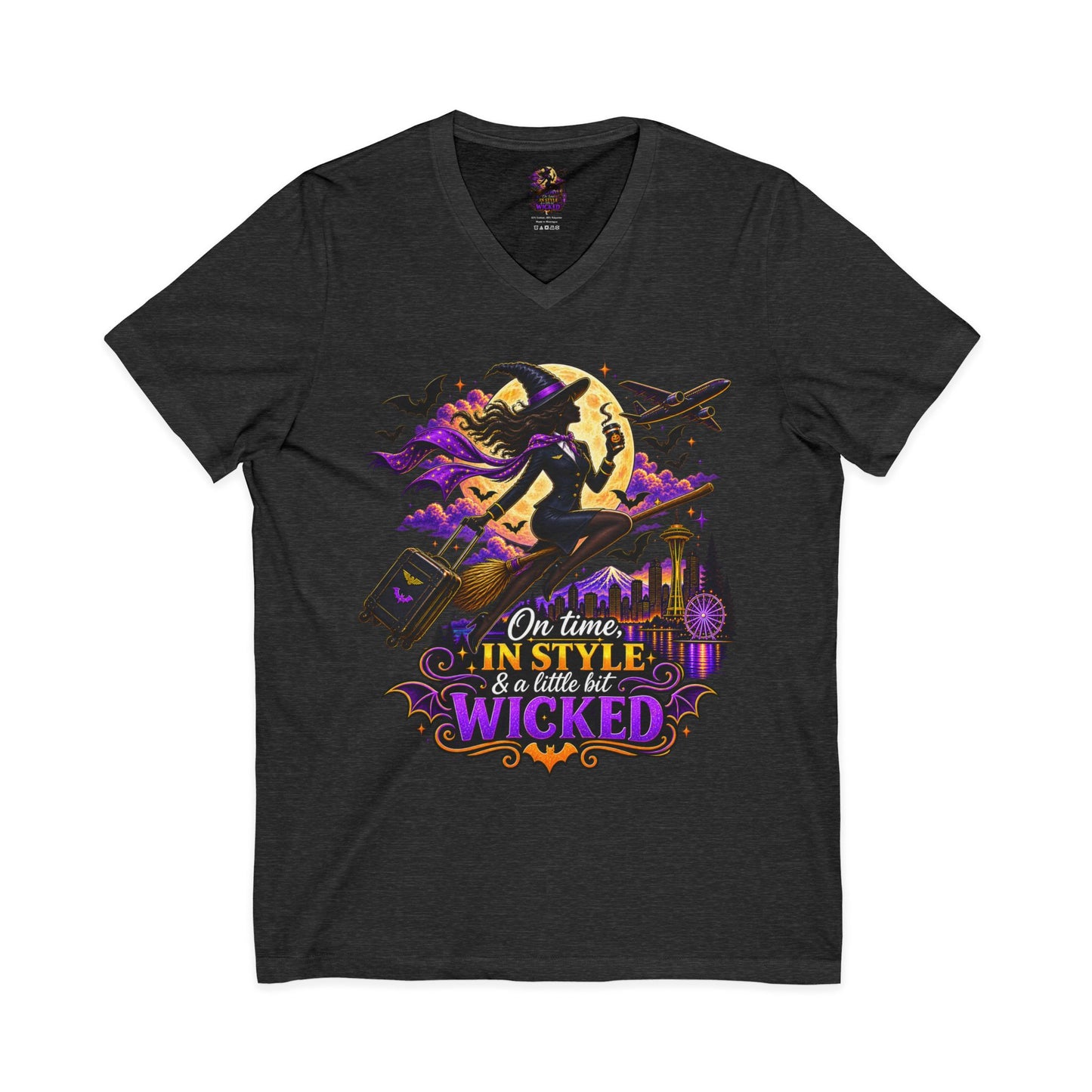 Witchy Halloween V-Neck Tee — "On Time, In Style & A Little Bit Wicked"