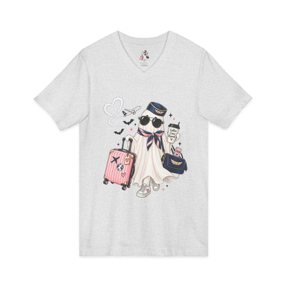Travel Ghost V-Neck Tee — Cute Flight Attendant Ghost with Luggage Graphic