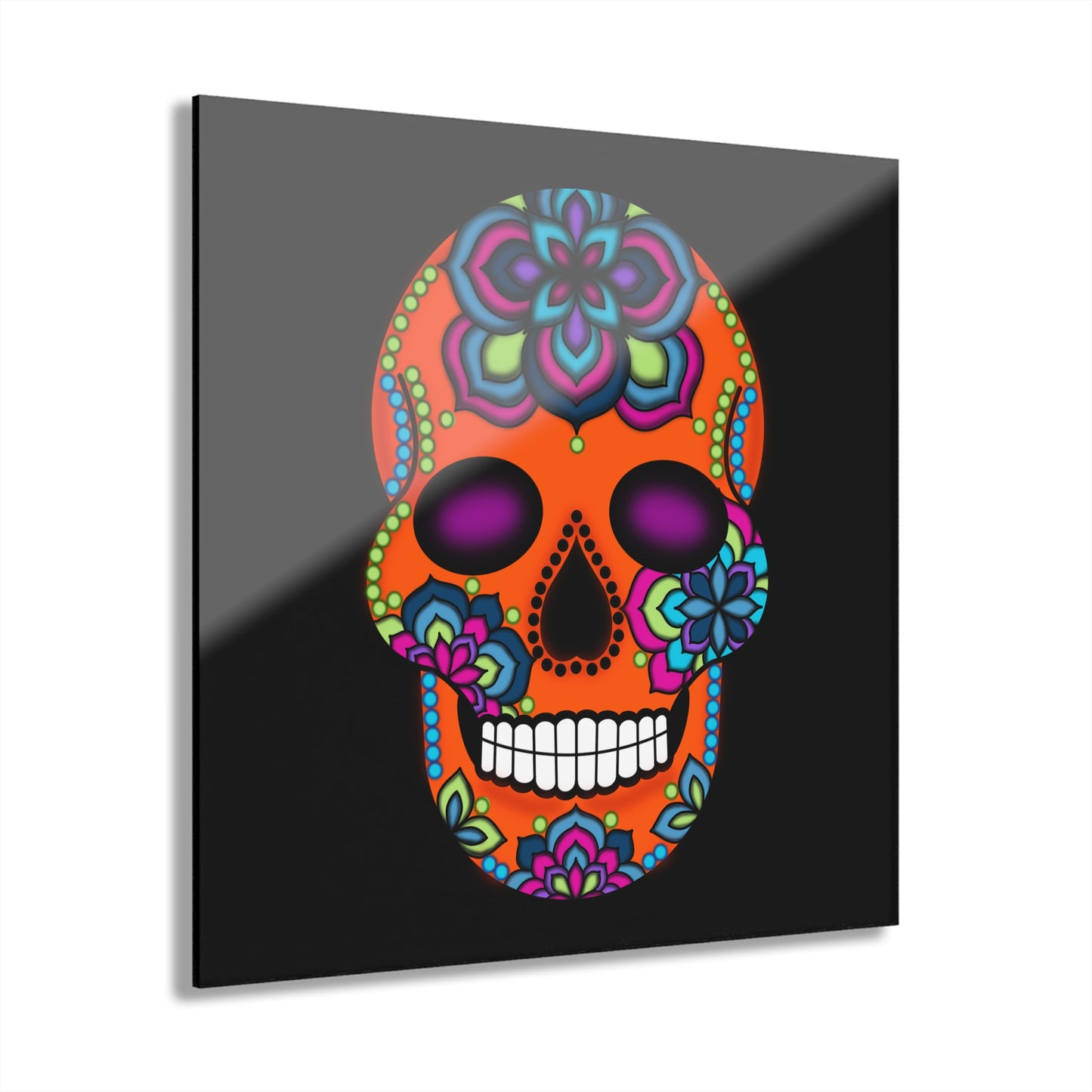 Sugar Skull Acrylic Print Orange— Colorful Day of the Dead Wall Art (French Cleat Hanging)
