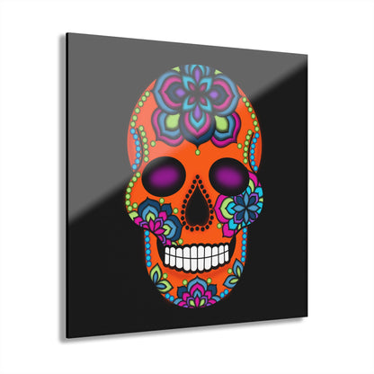 Sugar Skull Acrylic Print Orange— Colorful Day of the Dead Wall Art (French Cleat Hanging)