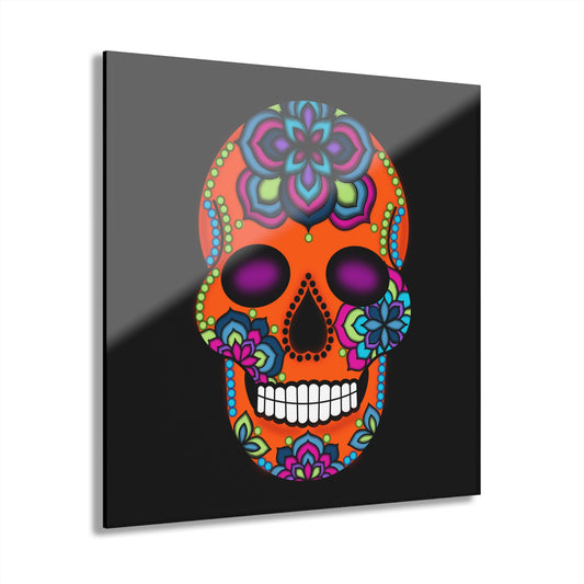 Sugar Skull Acrylic Print Orange— Colorful Day of the Dead Wall Art (French Cleat Hanging)
