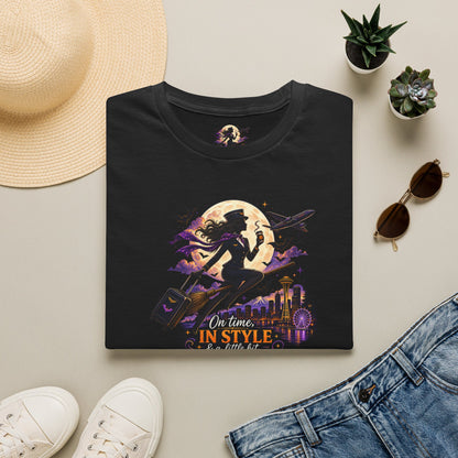 Witch Broom Halloween T‑Shirt — "On Time, In Style, Wicked" Moonlit Witch Design