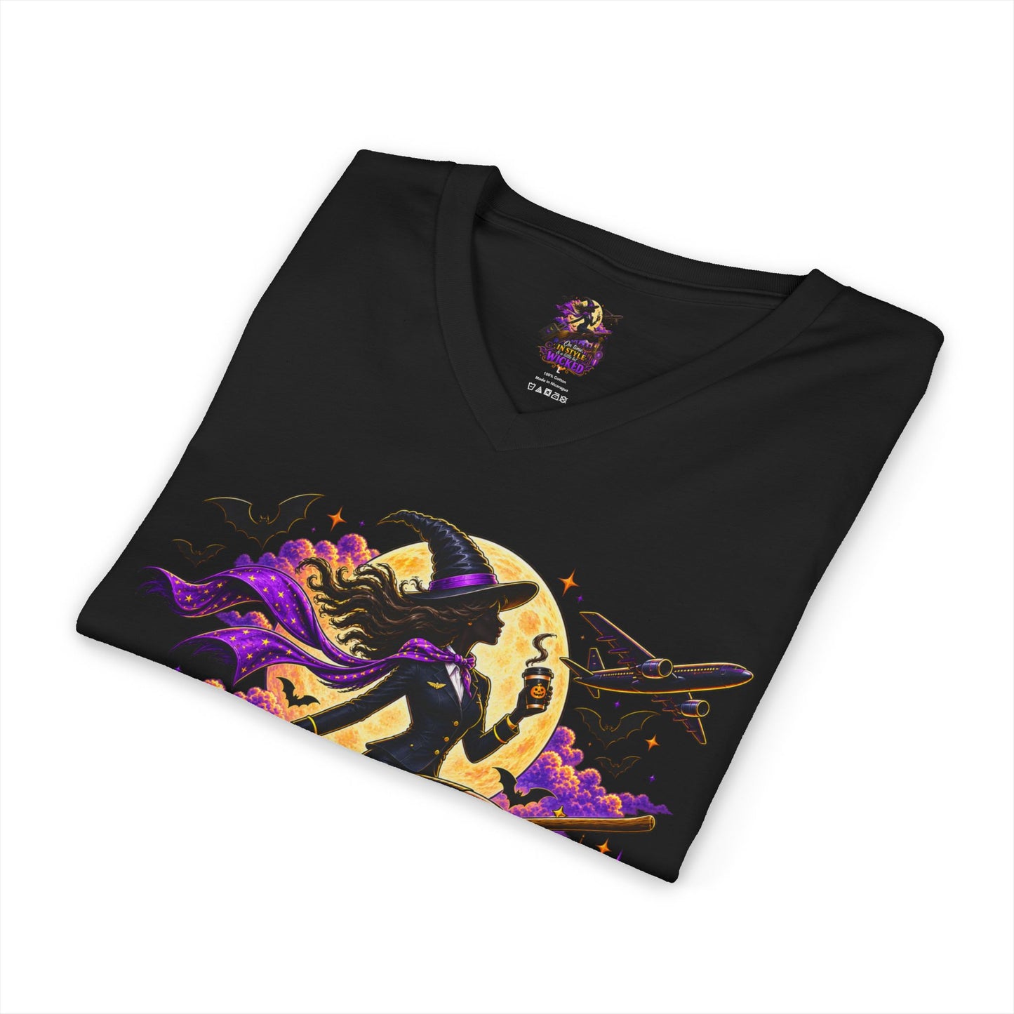 Witchy Halloween V-Neck Tee — "On Time, In Style & A Little Bit Wicked"