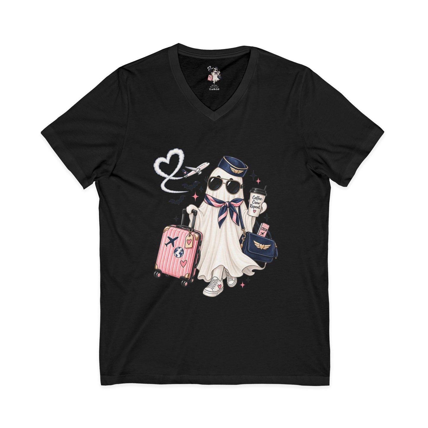Travel Ghost V-Neck Tee — Cute Flight Attendant Ghost with Luggage Graphic