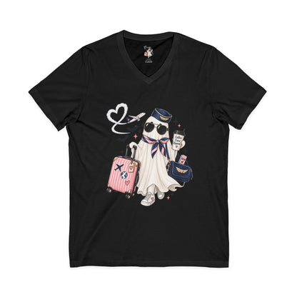 Travel Ghost V-Neck Tee — Cute Flight Attendant Ghost with Luggage Graphic