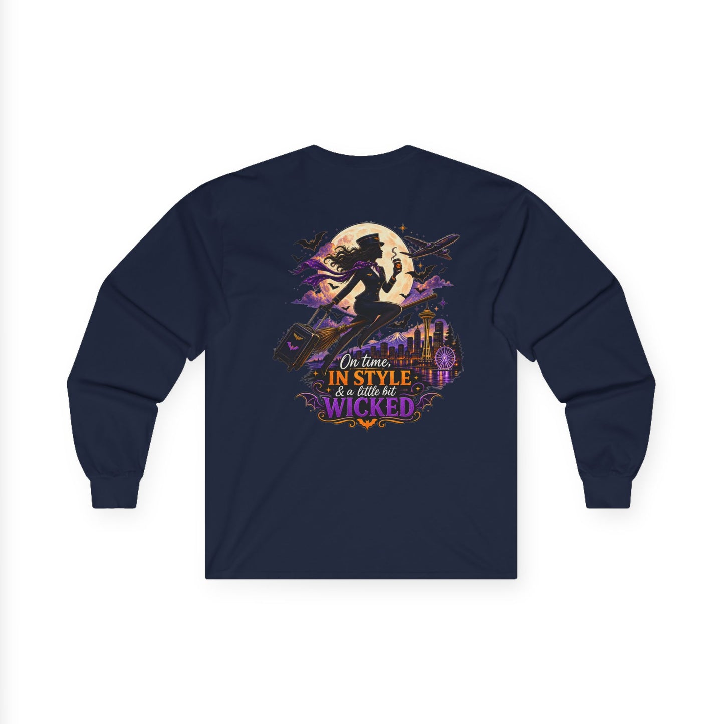 Long Sleeve Tee — 'In Time, In Style, Wicked' Halloween Witch Moon Graphic