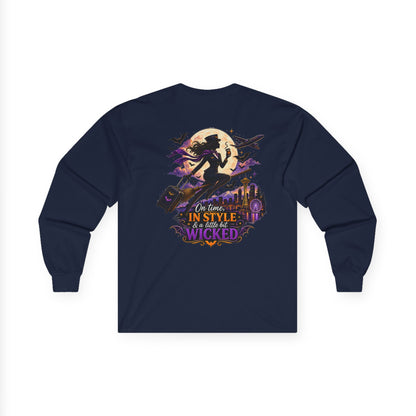 Long Sleeve Tee — 'In Time, In Style, Wicked' Halloween Witch Moon Graphic