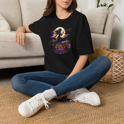 Witch Broom Halloween T‑Shirt — "On Time, In Style, Wicked" Moonlit Witch Design