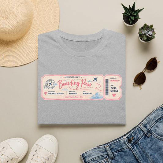 Boarding Pass Graphic T‑Shirt — "Adventure Awaits" Travel Ticket Tee
