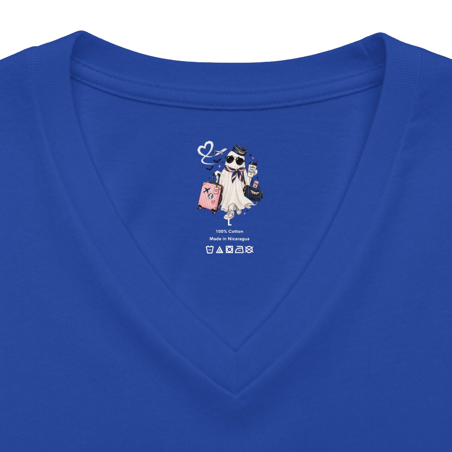 Travel Ghost V-Neck Tee — Cute Flight Attendant Ghost with Luggage Graphic
