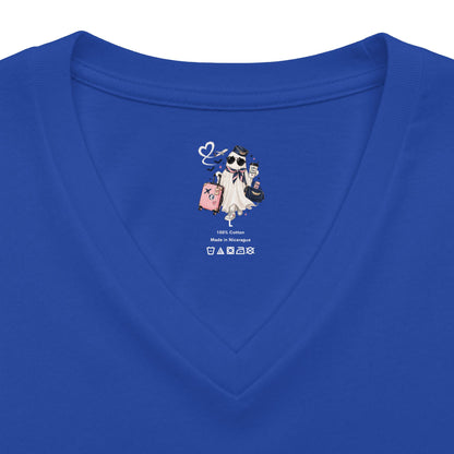 Travel Ghost V-Neck Tee — Cute Flight Attendant Ghost with Luggage Graphic
