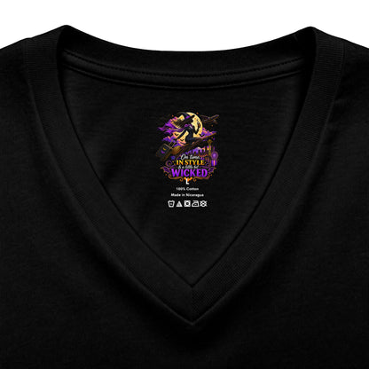 Witchy Halloween V-Neck Tee — "On Time, In Style & A Little Bit Wicked"
