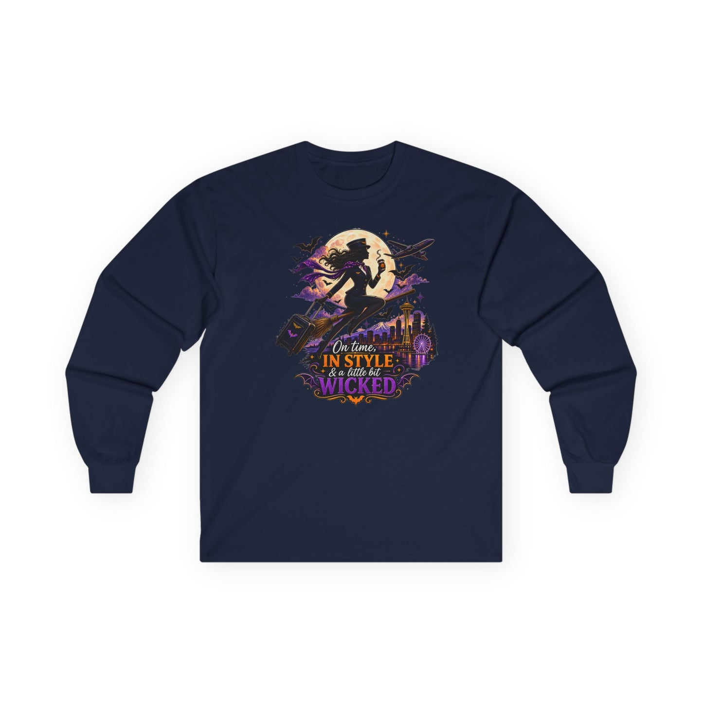 Long Sleeve Tee — 'In Time, In Style, Wicked' Halloween Witch Moon Graphic