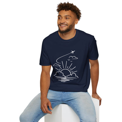 Sunrise Flight T-Shirt | Airplane, Clouds, Sunburst Line Art