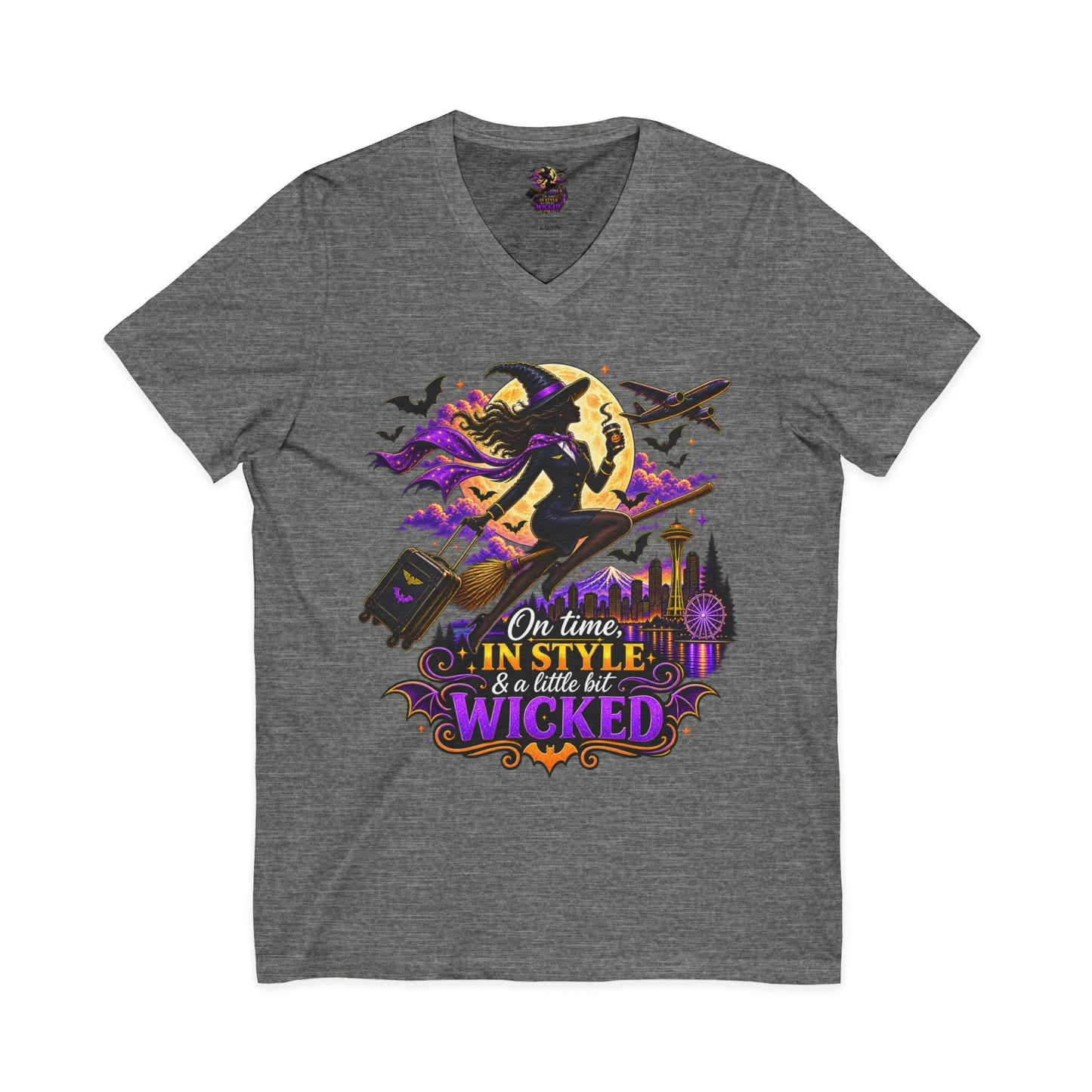 Witchy Halloween V-Neck Tee — "On Time, In Style & A Little Bit Wicked"
