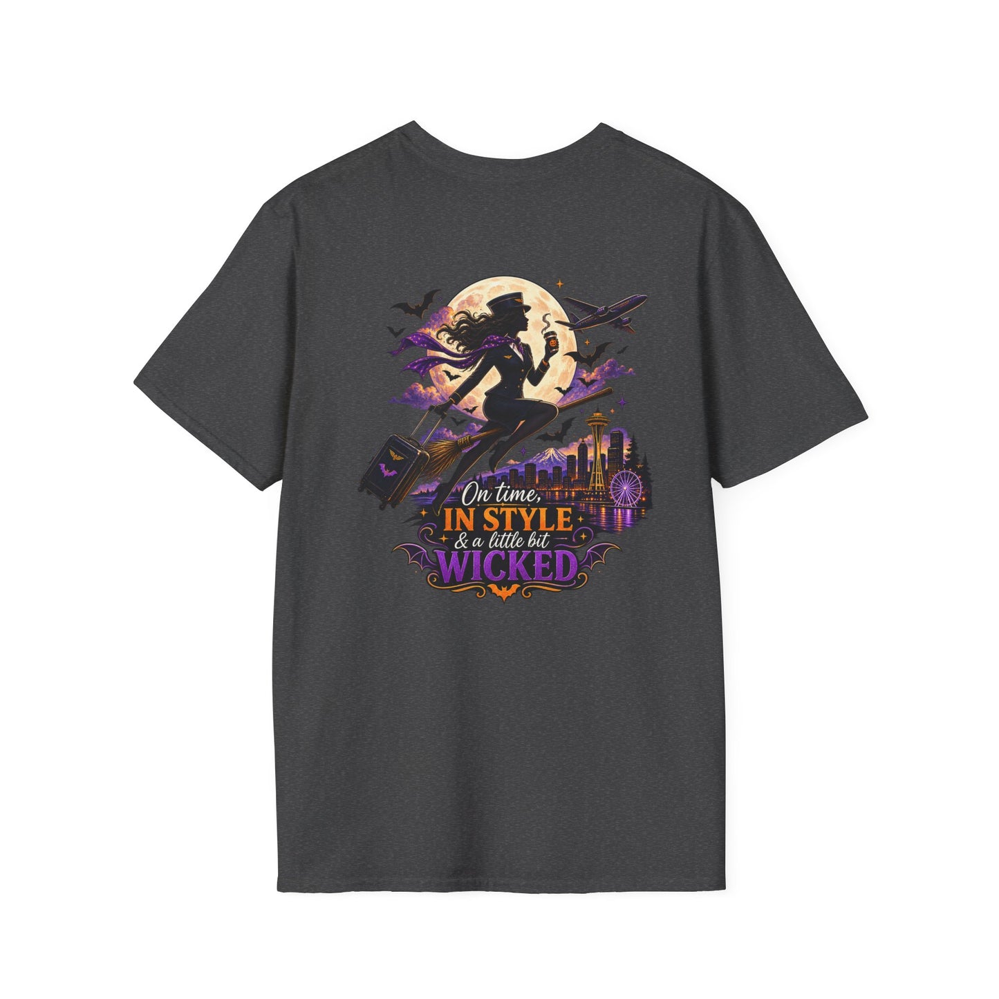 Witch Broom Halloween T‑Shirt — "On Time, In Style, Wicked" Moonlit Witch Design