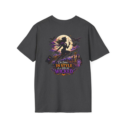 Witch Broom Halloween T‑Shirt — "On Time, In Style, Wicked" Moonlit Witch Design