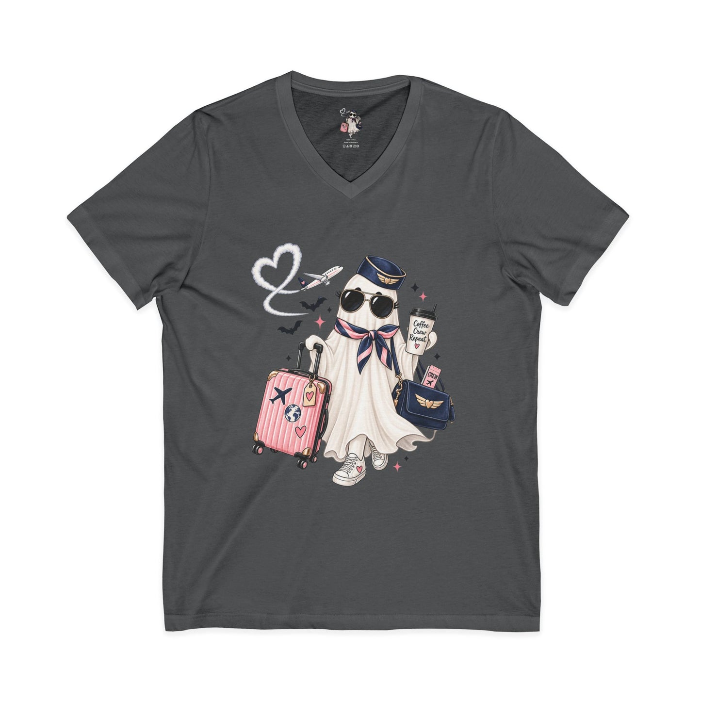 Travel Ghost V-Neck Tee — Cute Flight Attendant Ghost with Luggage Graphic