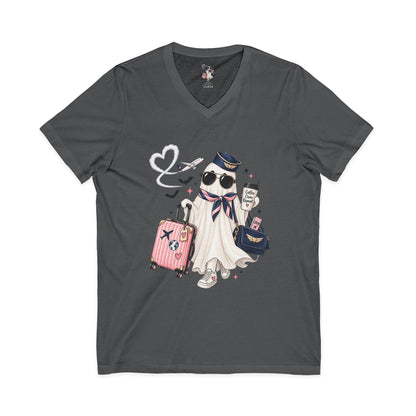 Travel Ghost V-Neck Tee — Cute Flight Attendant Ghost with Luggage Graphic