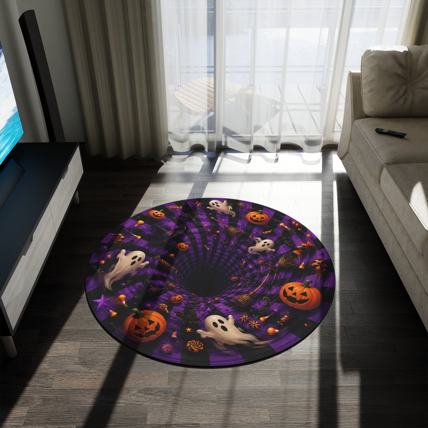 Halloween Spiral Round Rug — Ghosts, Pumpkins & Bats Decorative Floor Mat
