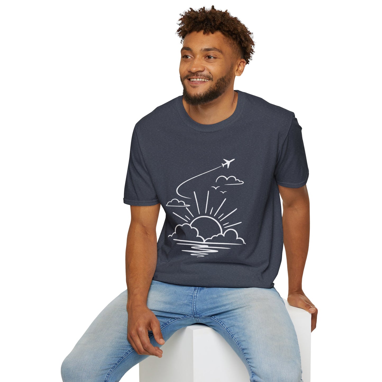 Sunrise Flight T-Shirt | Airplane, Clouds, Sunburst Line Art