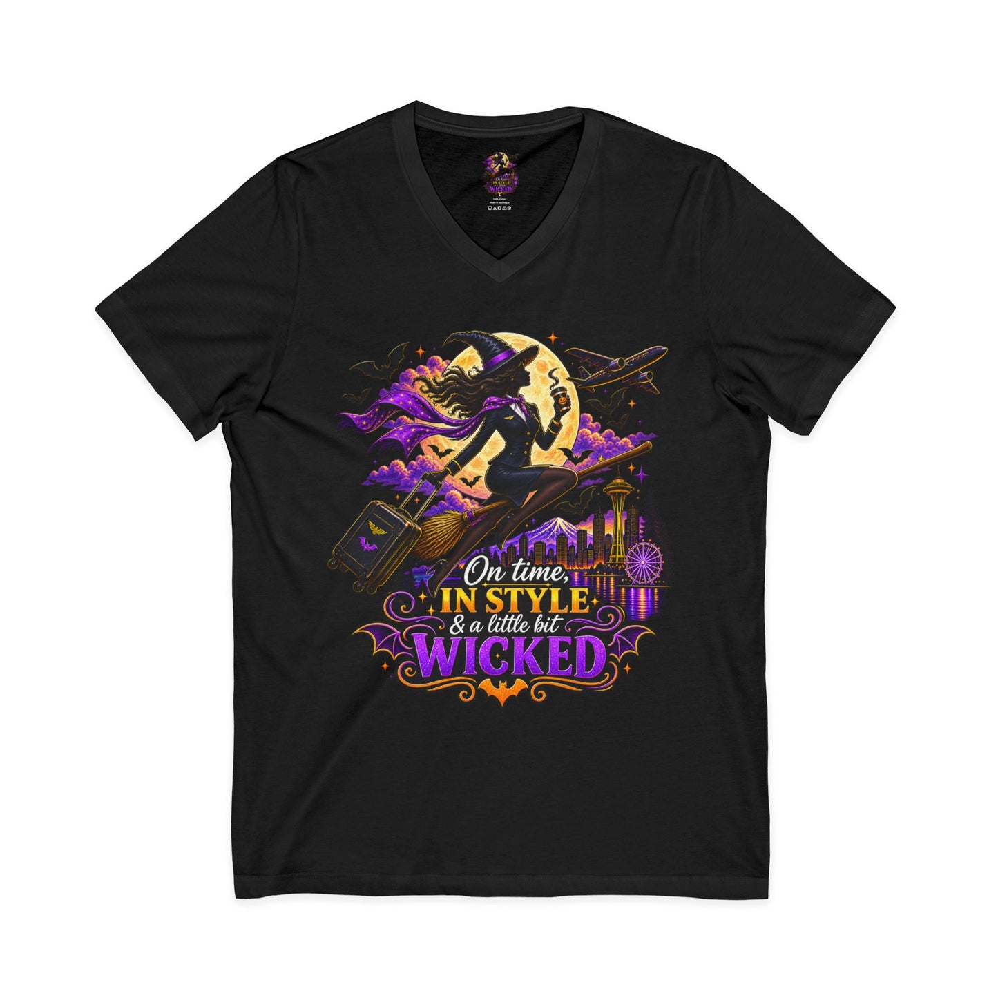 Witchy Halloween V-Neck Tee — "On Time, In Style & A Little Bit Wicked"