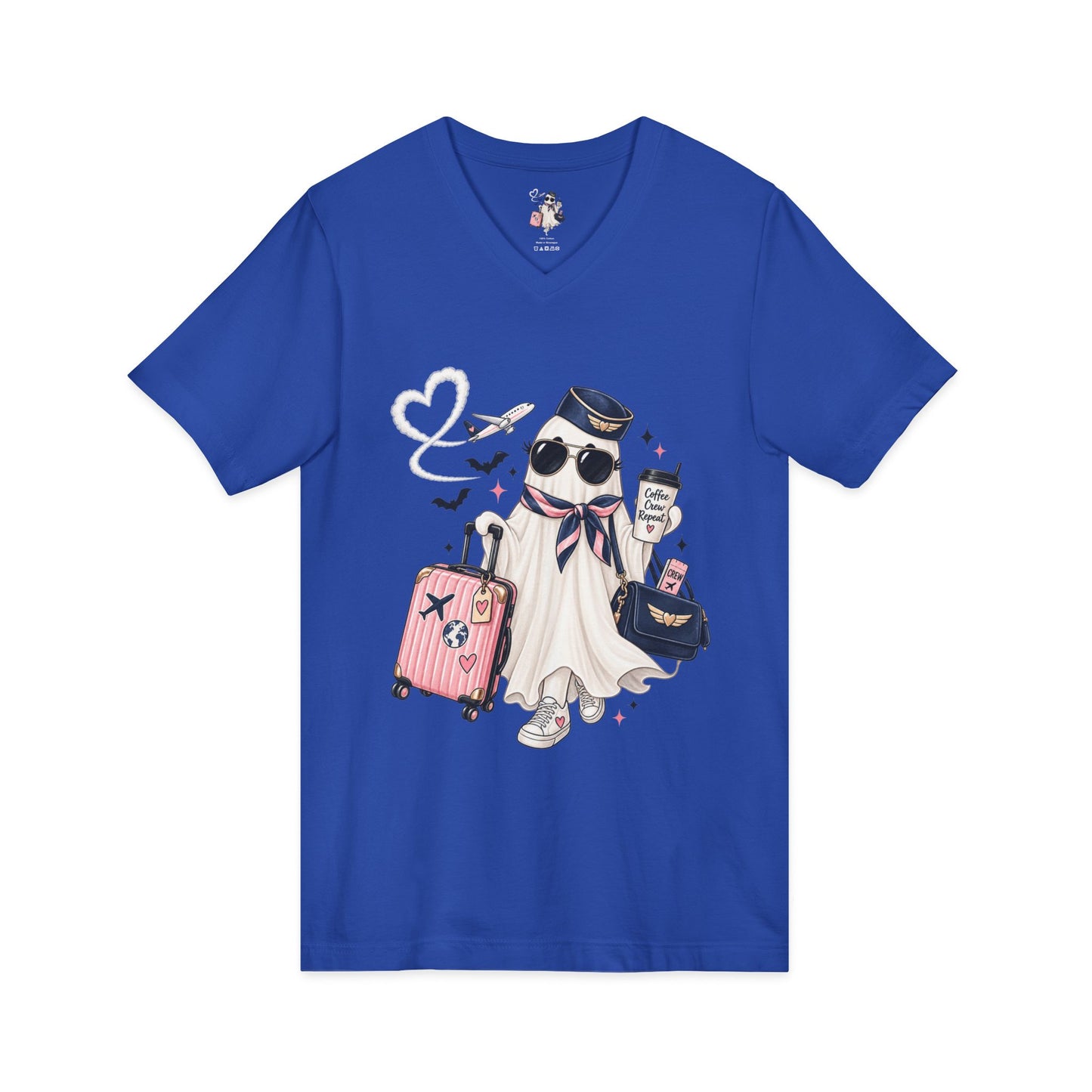 Travel Ghost V-Neck Tee — Cute Flight Attendant Ghost with Luggage Graphic