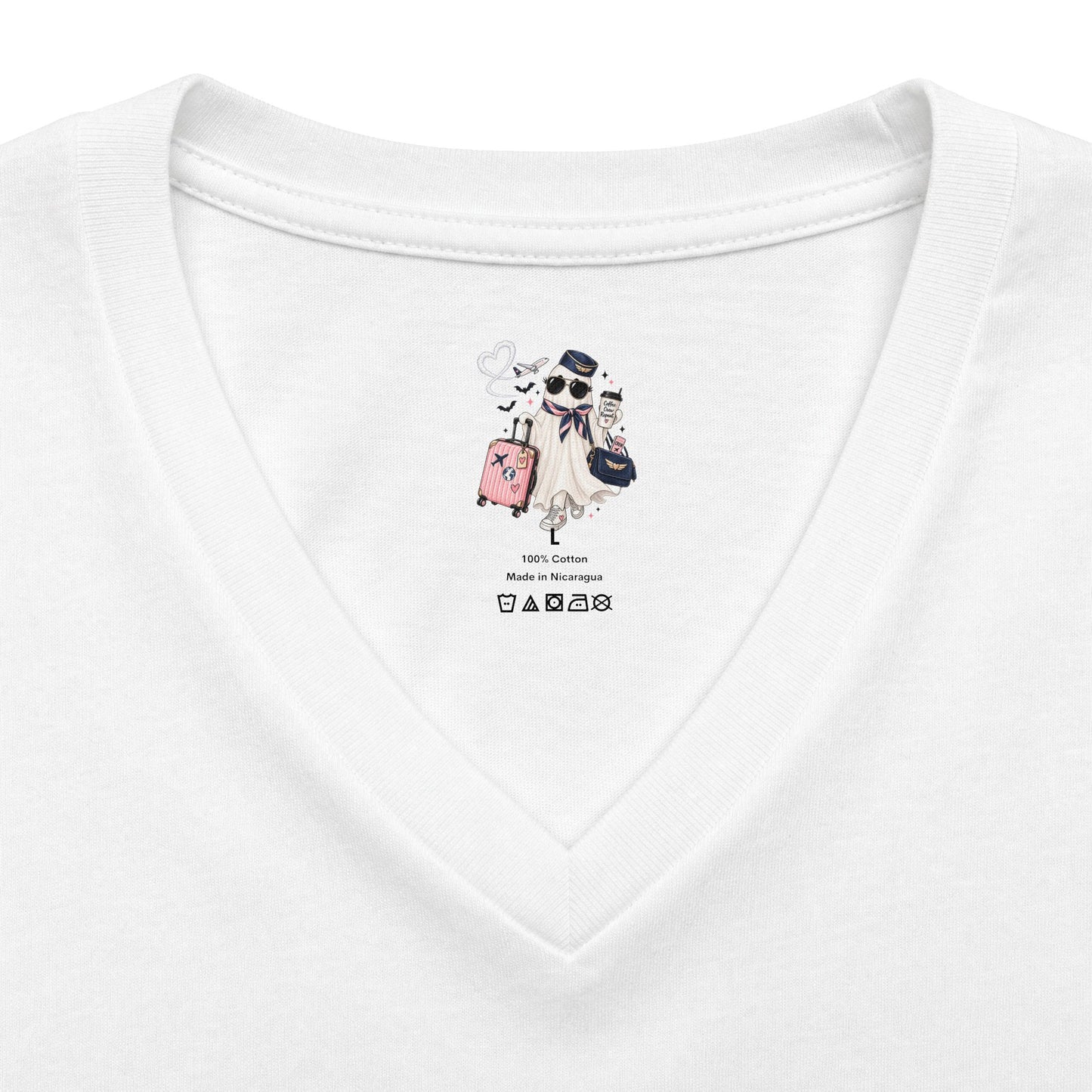 Travel Ghost V-Neck Tee — Cute Flight Attendant Ghost with Luggage Graphic