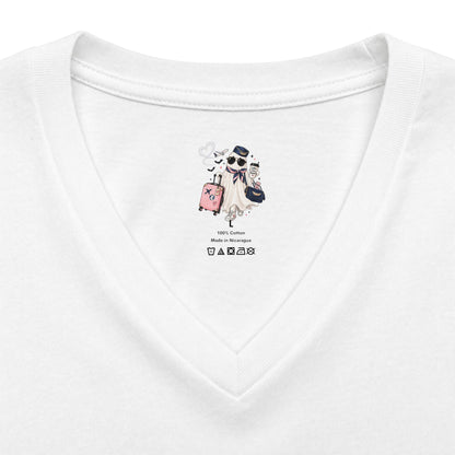 Travel Ghost V-Neck Tee — Cute Flight Attendant Ghost with Luggage Graphic